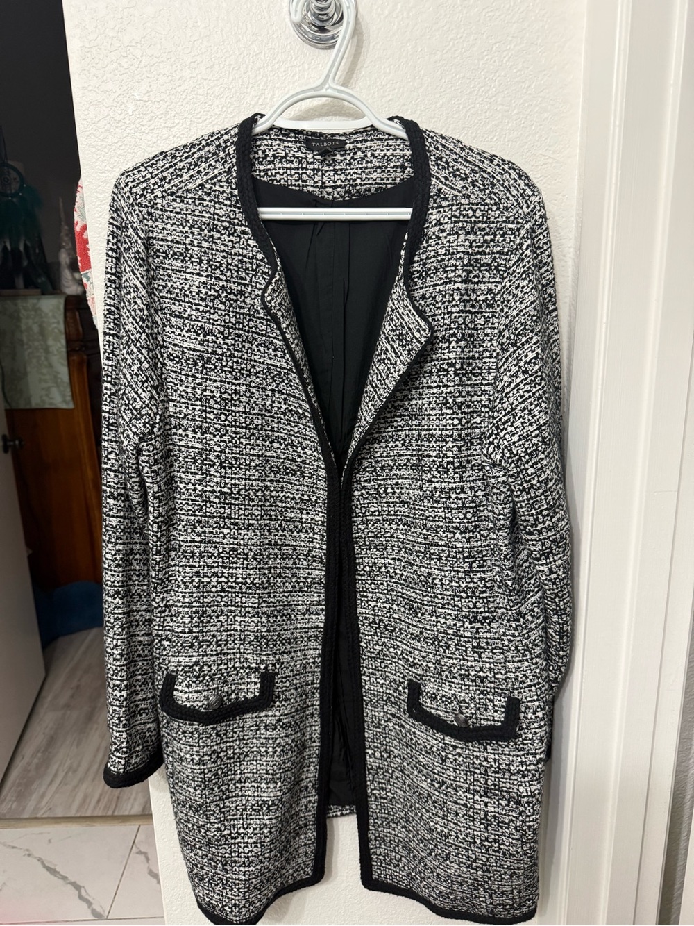 Talbots Black & White Tweed Open-Front Long Blazer